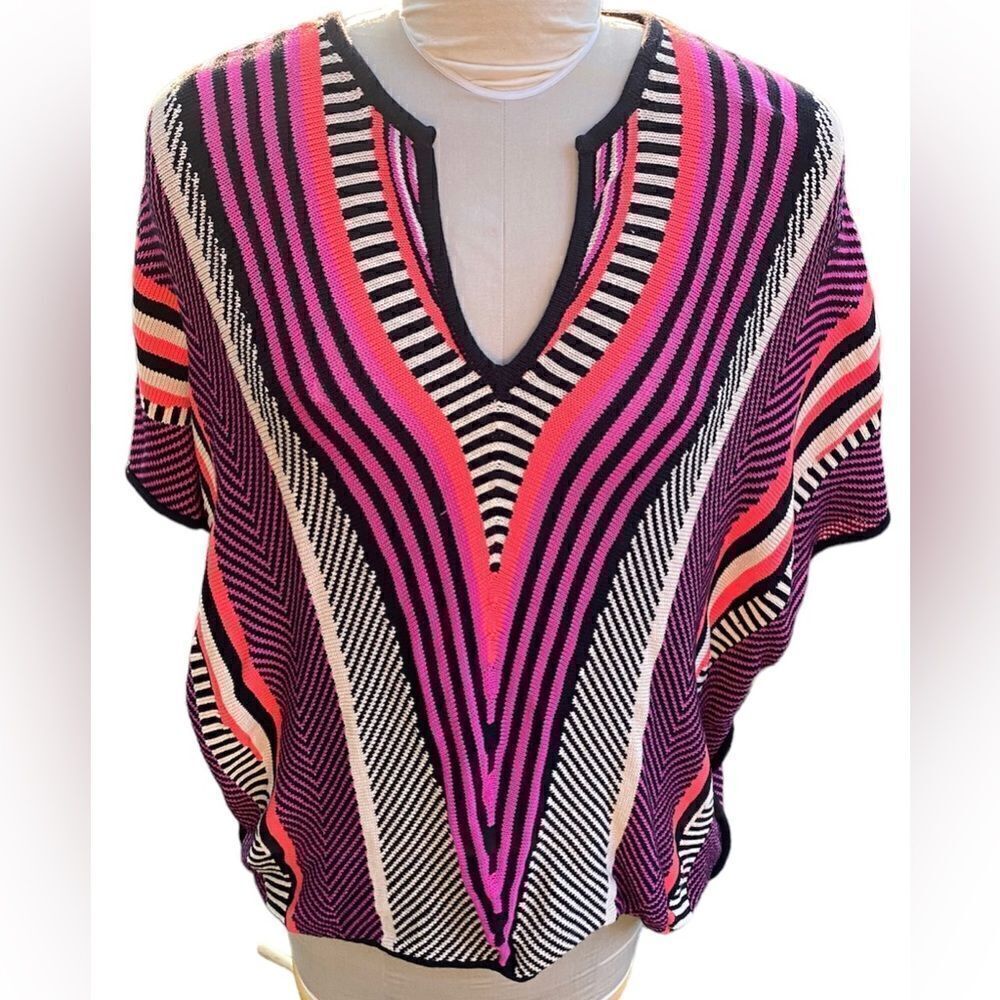 Trina Turk Poncho Pullover V-Neck Multi-Color Pima Cotton Boho Yellowstone